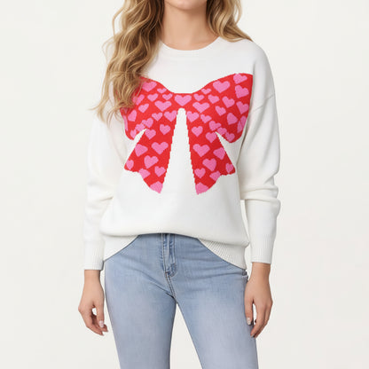 Heart Bow Knit Sweater with Playful Graphic Design, Soft Crew Neck Fit and Cozy Long Sleeve Detailing