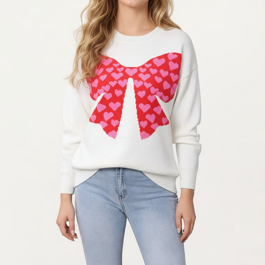 Heart Bow Knit Sweater with Playful Graphic Design, Soft Crew Neck Fit and Cozy Long Sleeve Detailing