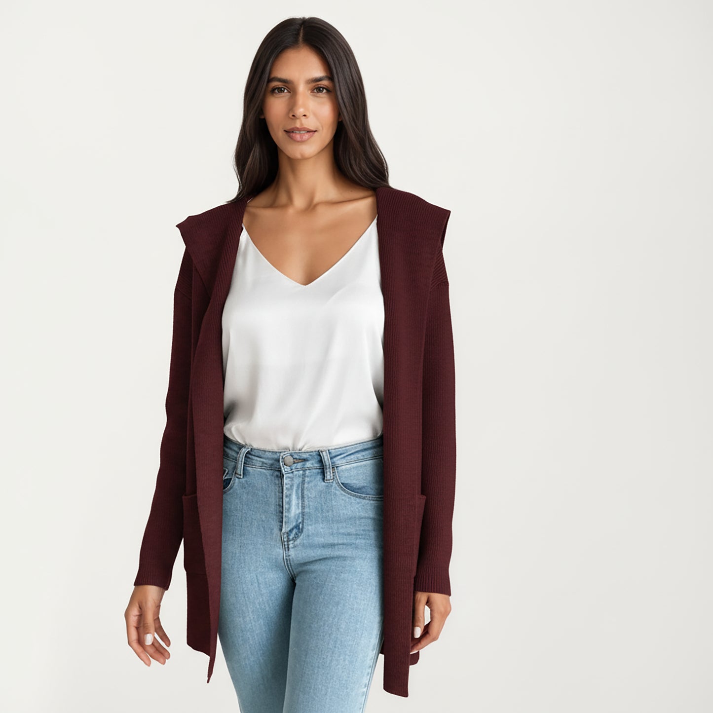 Long Sleeve Knit Cardigan with Open Front Design, Relaxed Hood Detail and Soft Textured Fabric