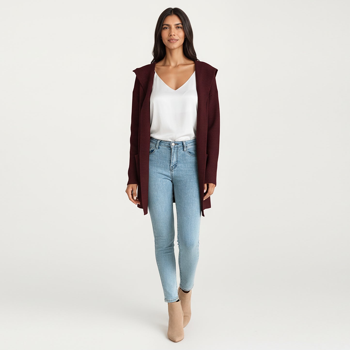 Long Sleeve Knit Cardigan with Open Front Design, Relaxed Hood Detail and Soft Textured Fabric