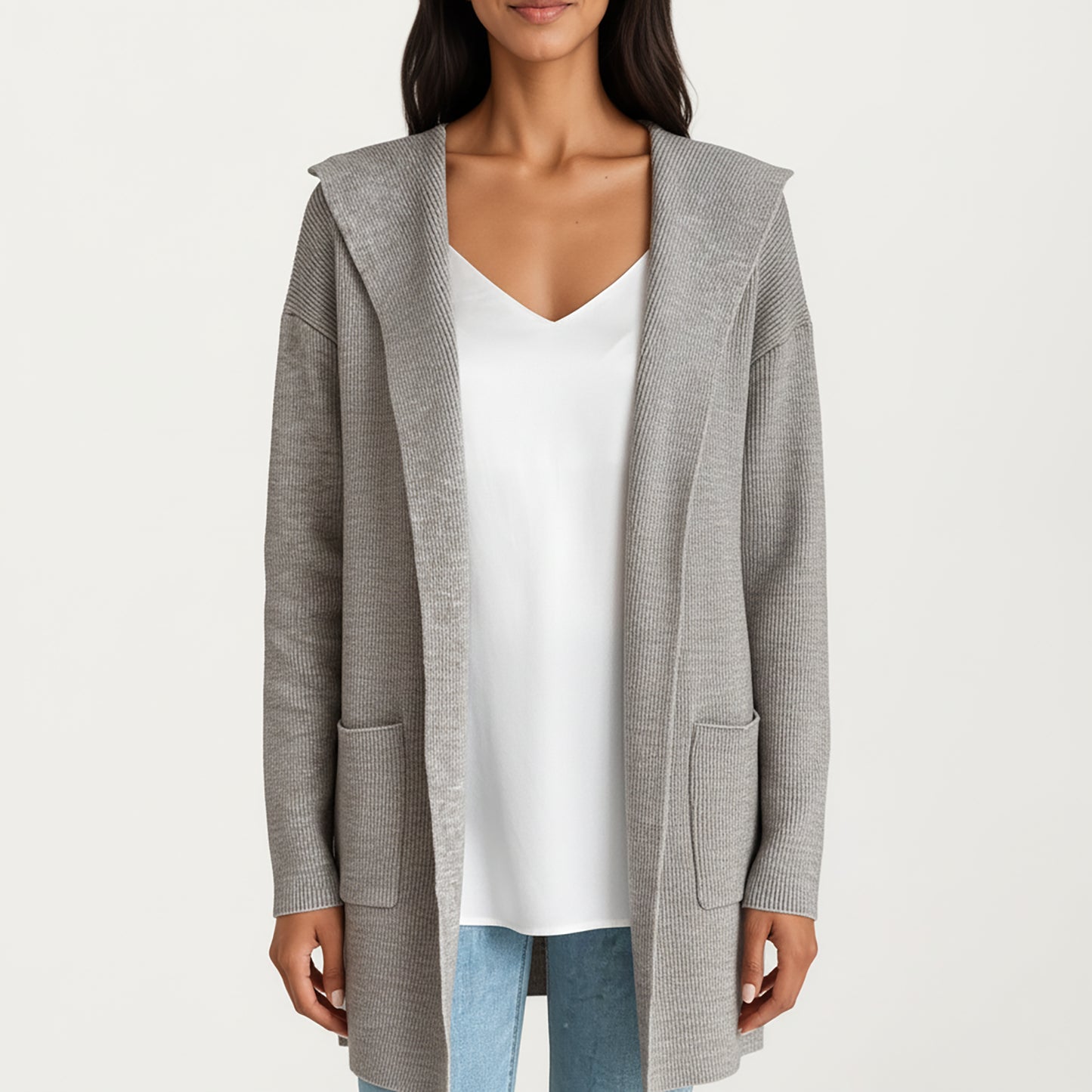 Long Sleeve Knit Cardigan with Open Front Design, Relaxed Hood Detail and Soft Textured Fabric