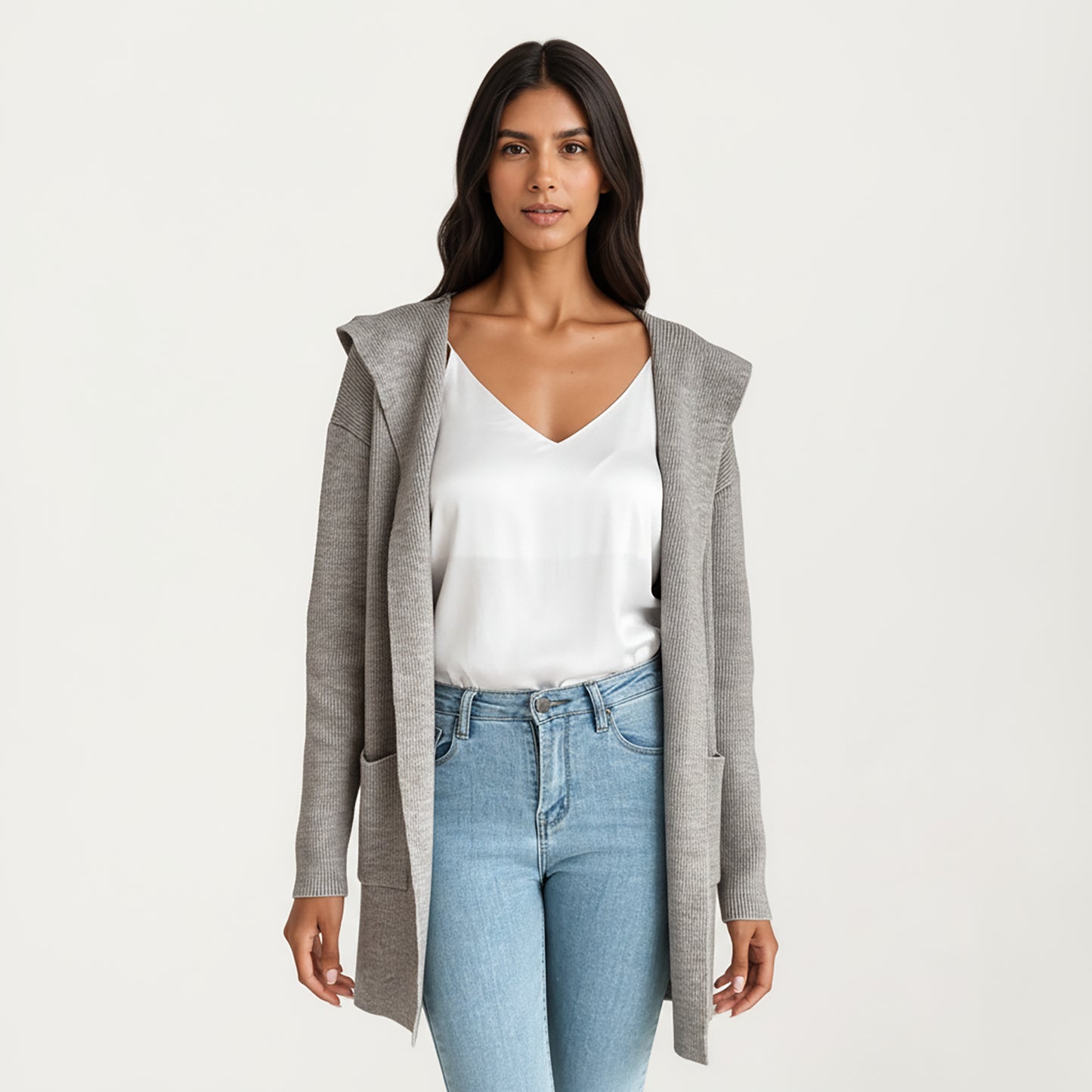 Long Sleeve Knit Cardigan with Open Front Design, Relaxed Hood Detail and Soft Textured Fabric