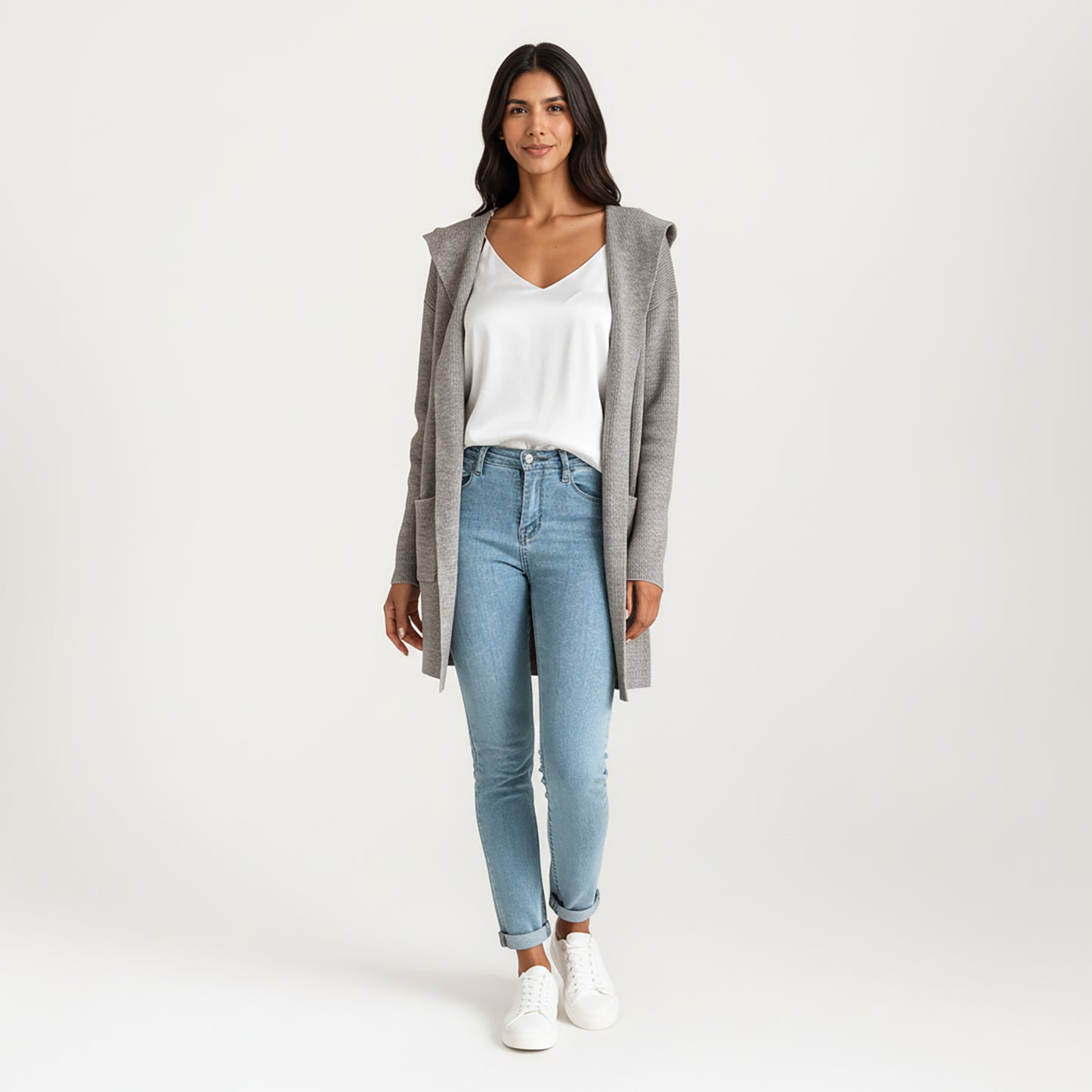 Long Sleeve Knit Cardigan with Open Front Design, Relaxed Hood Detail and Soft Textured Fabric
