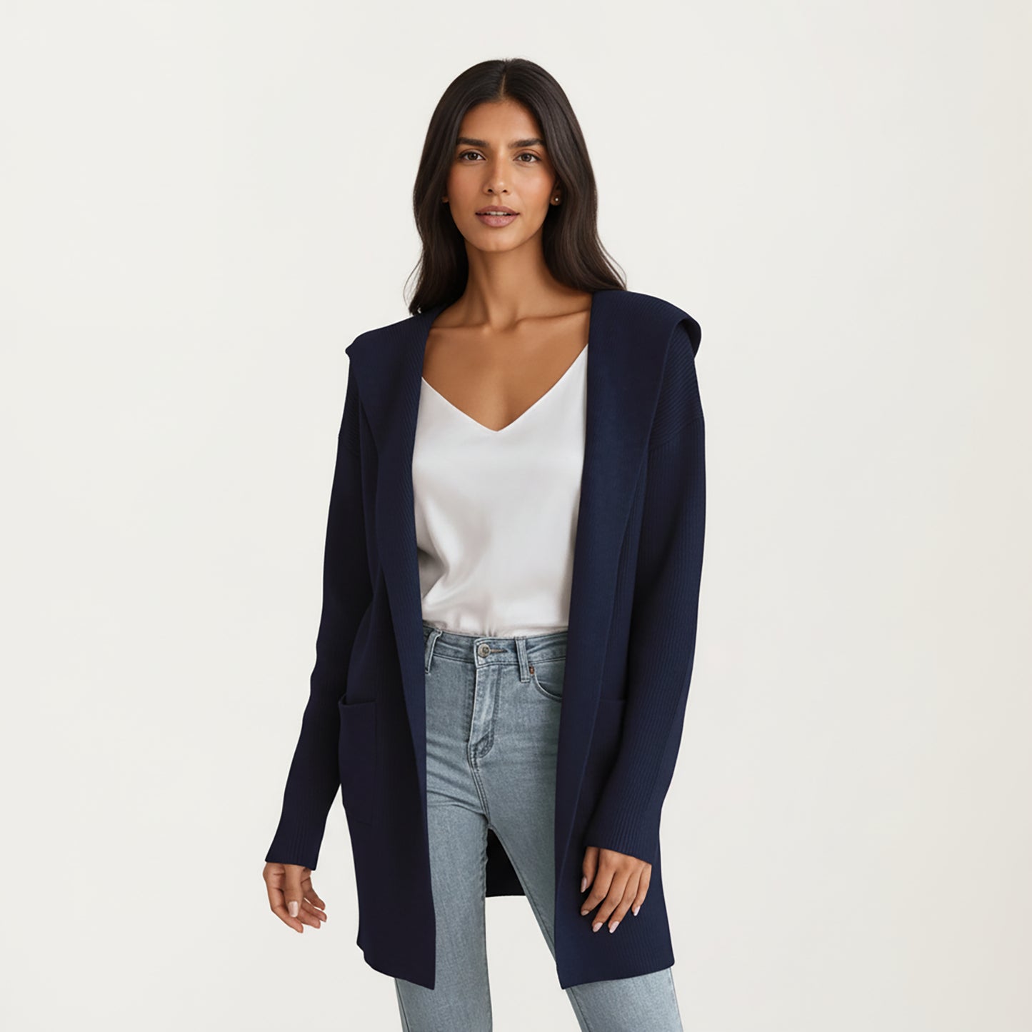 Long Sleeve Knit Cardigan with Open Front Design, Relaxed Hood Detail and Soft Textured Fabric