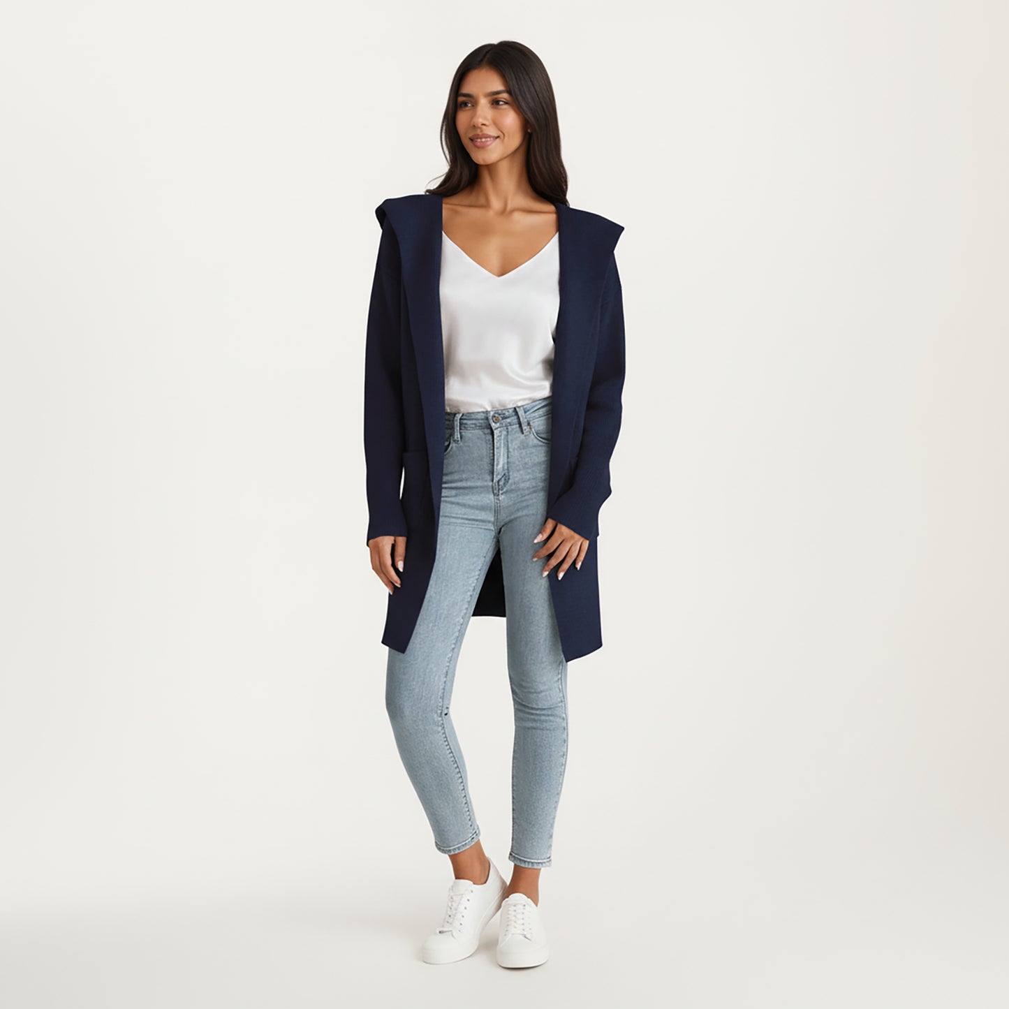 Long Sleeve Knit Cardigan with Open Front Design, Relaxed Hood Detail and Soft Textured Fabric