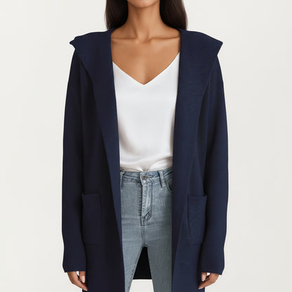 Long Sleeve Knit Cardigan with Open Front Design, Relaxed Hood Detail and Soft Textured Fabric