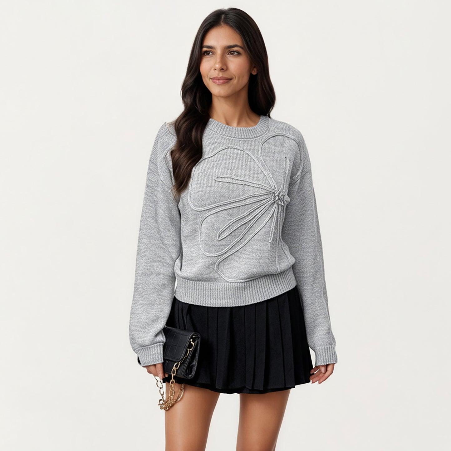 Long Sleeve Knit Top with Dimensional Ribbon Design and Soft Textured Fabric for Stylish Everyday Wear