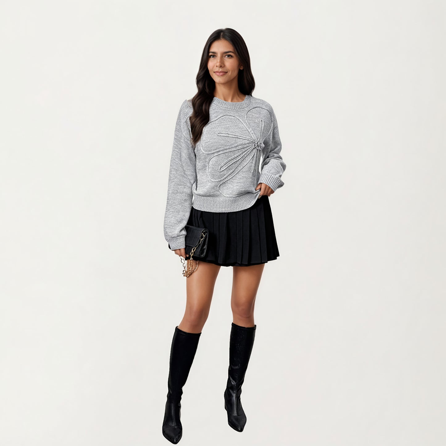 Long Sleeve Knit Top with Dimensional Ribbon Design and Soft Textured Fabric for Stylish Everyday Wear