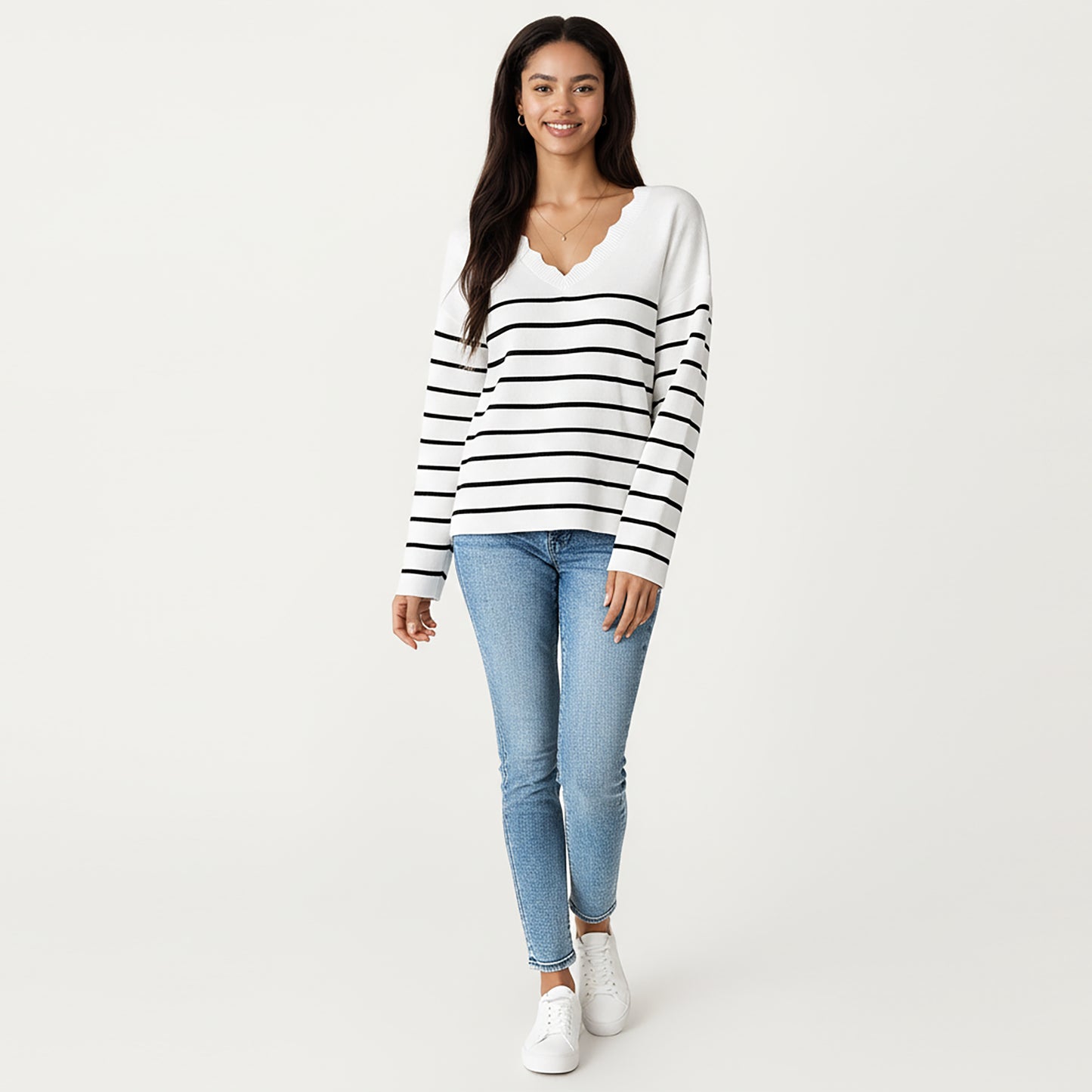 Long Sleeve Striped Knit Top with Scalloped V-Neckline and Soft Textured Fabric for Effortless Everyday Style