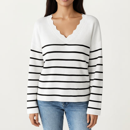 Long Sleeve Striped Knit Top with Scalloped V-Neckline and Soft Textured Fabric for Effortless Everyday Style