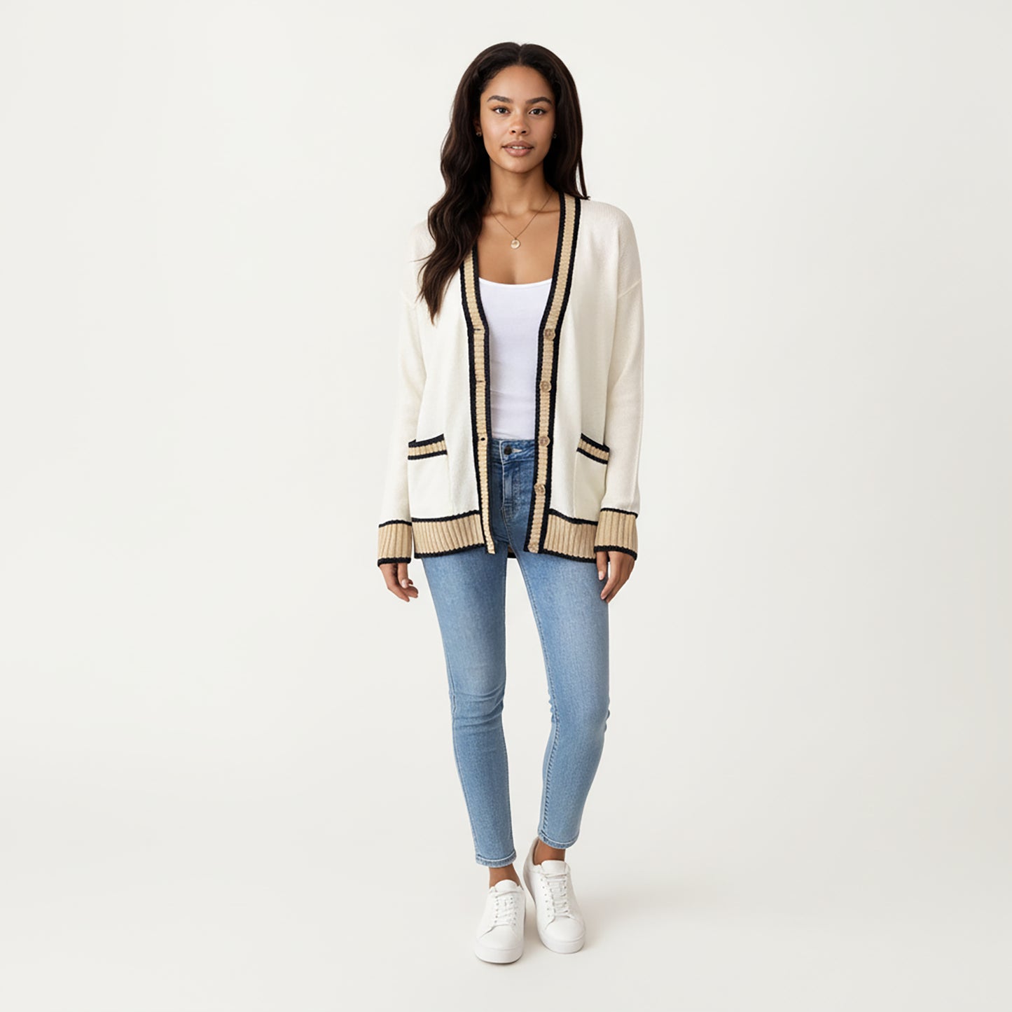 Long Sleeve Button Front Cardigan Top with Contrast Ribbed Trim and Relaxed Fit Open Front Silhouette
