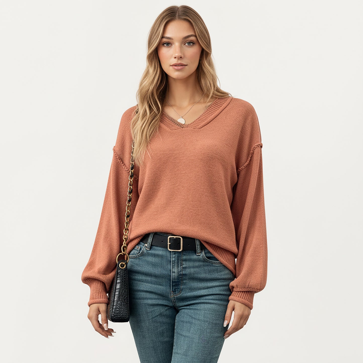 V-Neck Long Sleeve Knit Top with Soft Textured Finish and Layered Collar Detail for a Relaxed Chic Silhouette