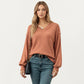 V-Neck Long Sleeve Knit Top with Soft Textured Finish and Layered Collar Detail for a Relaxed Chic Silhouette