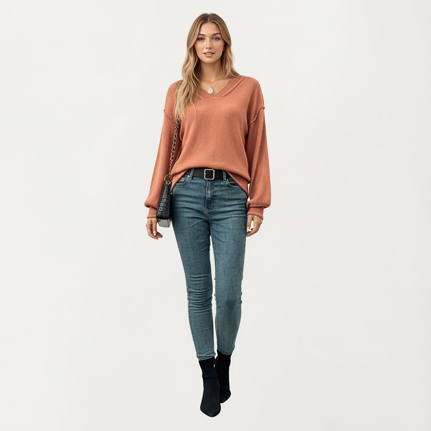 V-Neck Long Sleeve Knit Top with Soft Textured Finish and Layered Collar Detail for a Relaxed Chic Silhouette