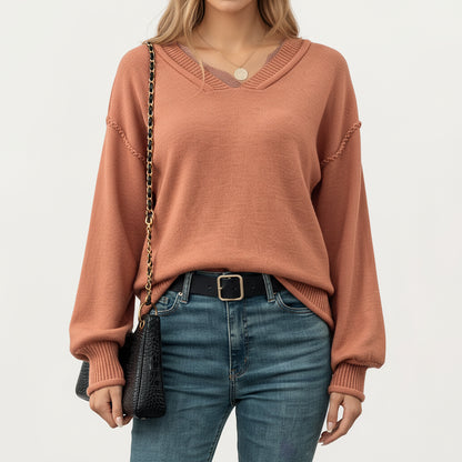 V-Neck Long Sleeve Knit Top with Soft Textured Finish and Layered Collar Detail for a Relaxed Chic Silhouette