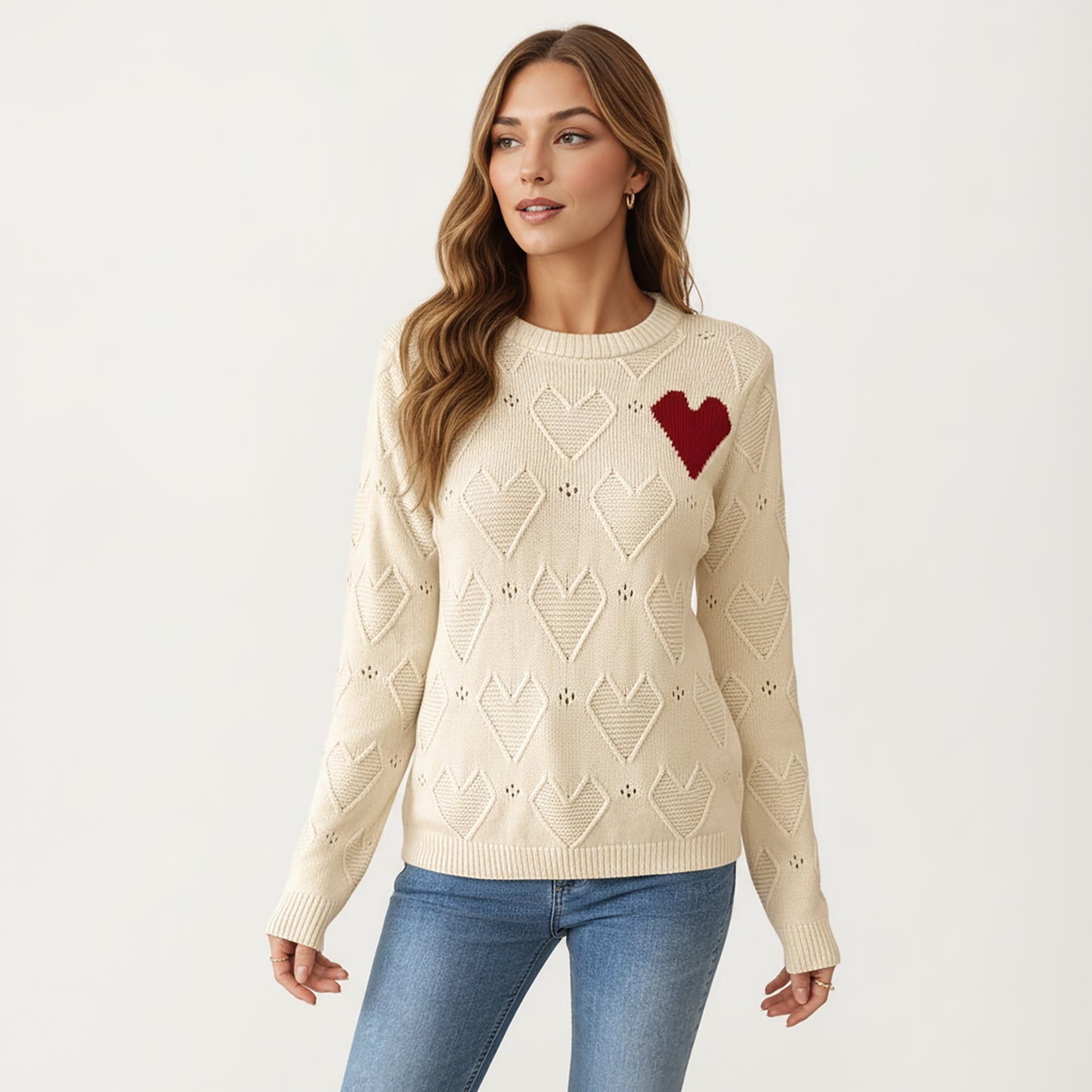 Knit Top with Textured Heart Pattern and Contrast Heart Accent Detail in a Soft Cozy Pullover Design