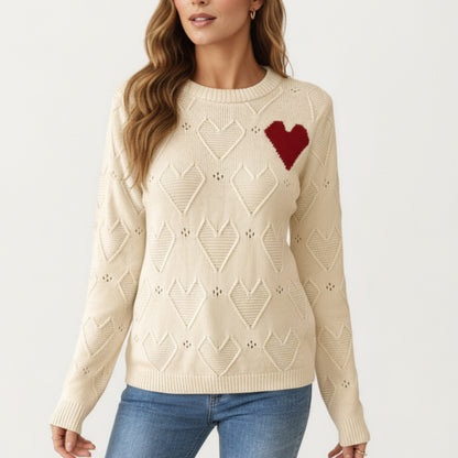 Knit Top with Textured Heart Pattern and Contrast Heart Accent Detail in a Soft Cozy Pullover Design