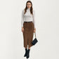High Waist Corduroy Midi Skirt with Front Center Slit and Soft Textured Paneling for a Tailored Silhouette