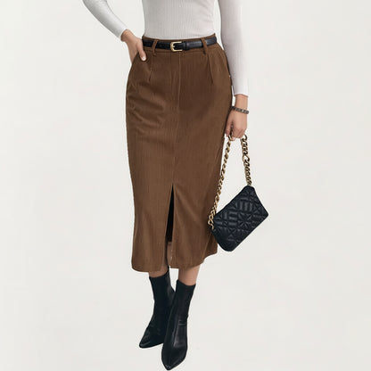 High Waist Corduroy Midi Skirt with Front Center Slit and Soft Textured Paneling for a Tailored Silhouette