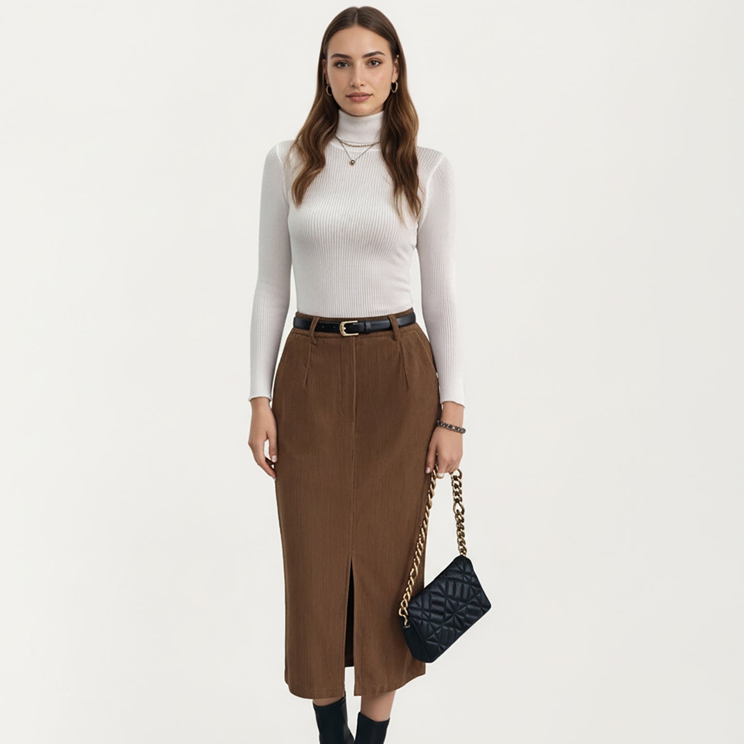 High Waist Corduroy Midi Skirt with Front Center Slit and Soft Textured Paneling for a Tailored Silhouette
