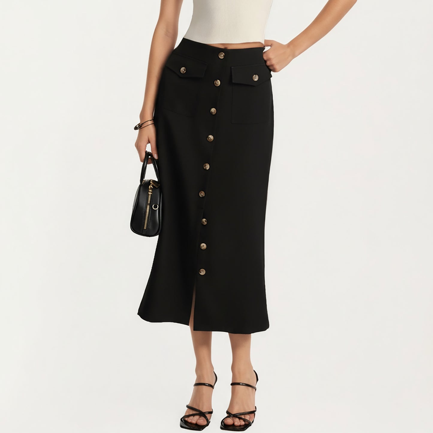 High Waist Midi Skirt with Front Button Detailing, Faux Flap Pockets and Sleek Tailored Silhouette