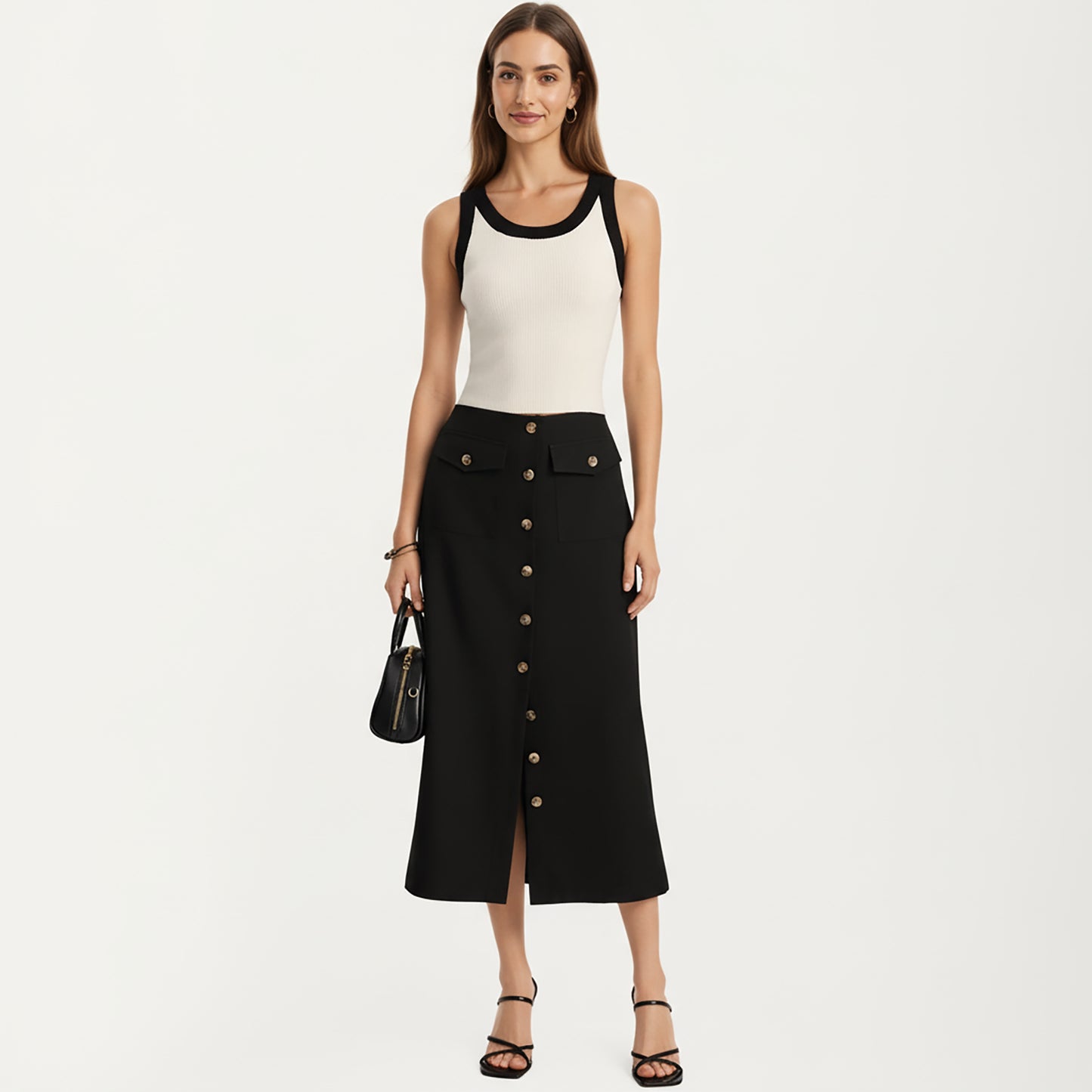 High Waist Midi Skirt with Front Button Detailing, Faux Flap Pockets and Sleek Tailored Silhouette