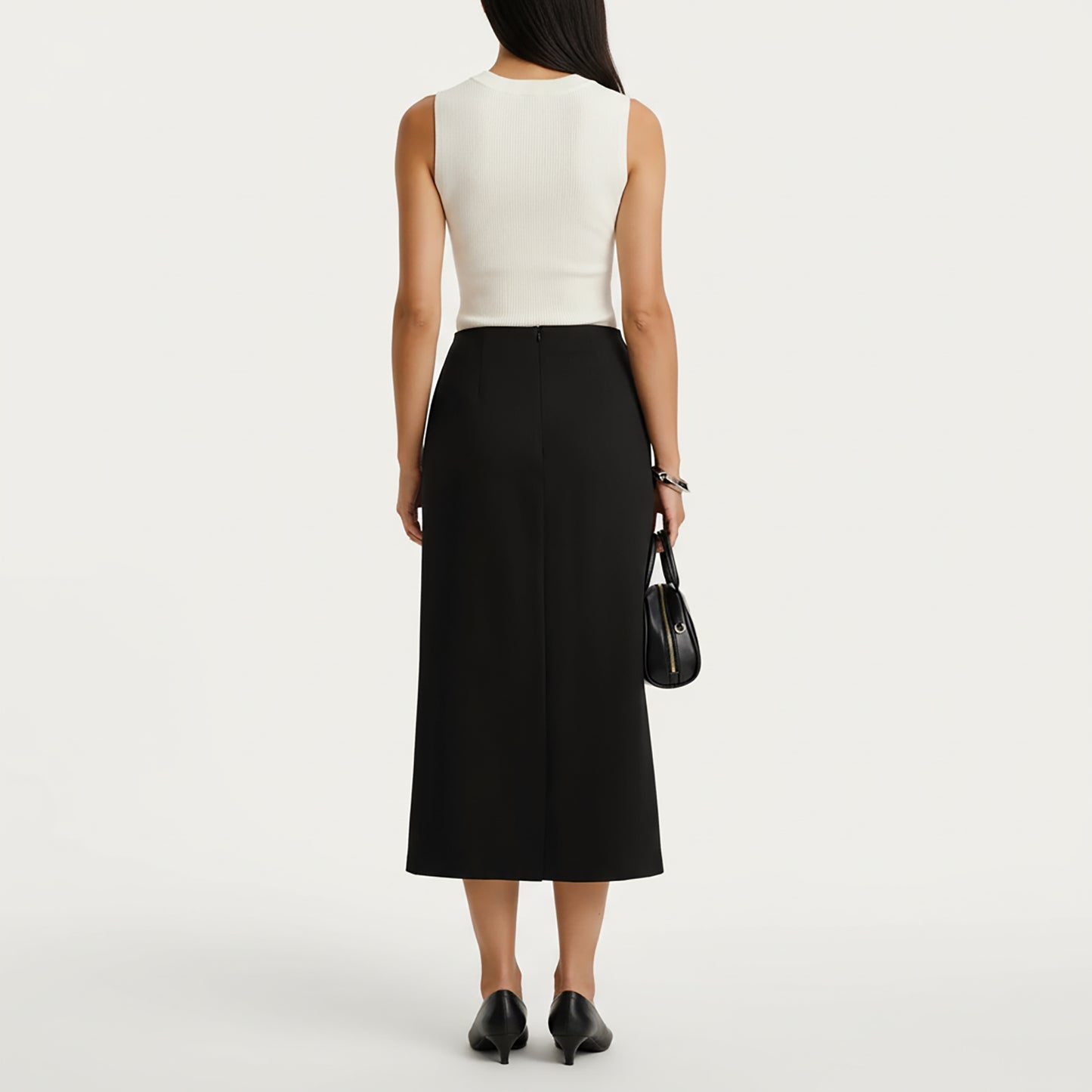 High Waist Midi Skirt with Front Button Detailing, Faux Flap Pockets and Sleek Tailored Silhouette