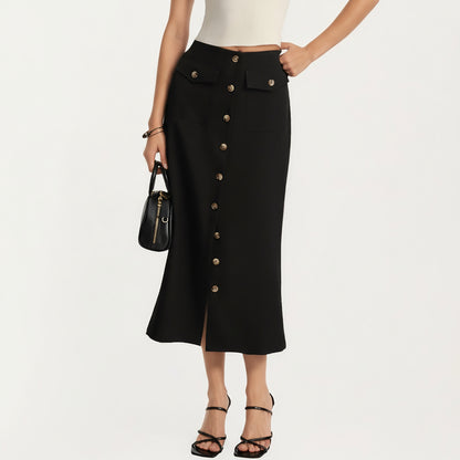 High Waist Midi Skirt with Front Button Detailing, Faux Flap Pockets and Sleek Tailored Silhouette