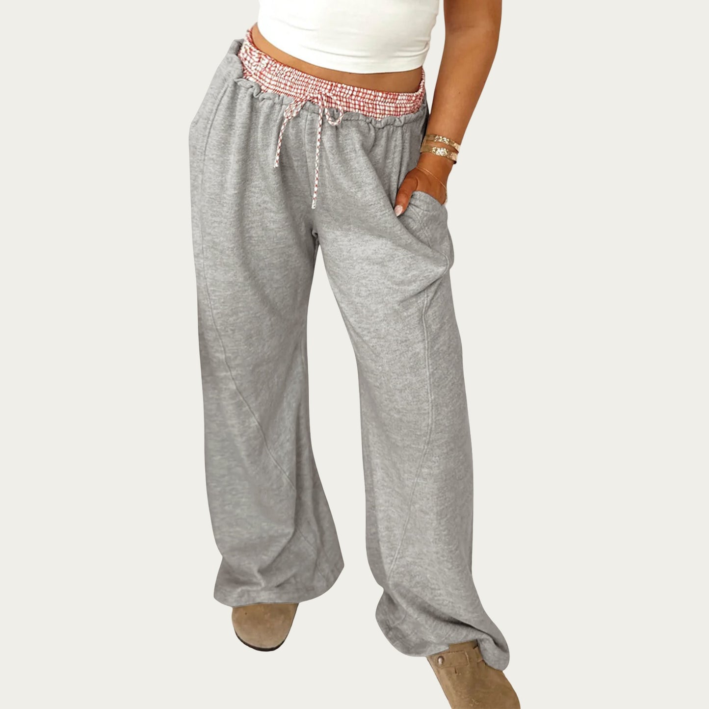 Wide Leg Lounge Pants with Soft Stretch Fabric, Elastic Gingham Waistband and Adjustable Drawstring Fit