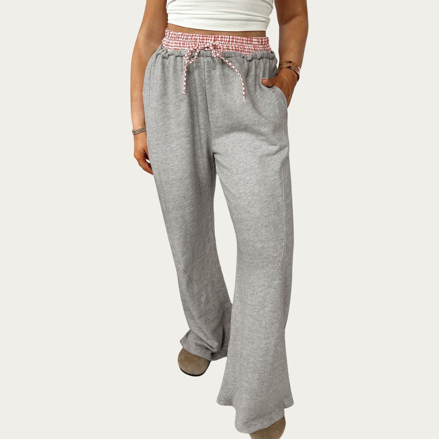 Wide Leg Lounge Pants with Soft Stretch Fabric, Elastic Gingham Waistband and Adjustable Drawstring Fit