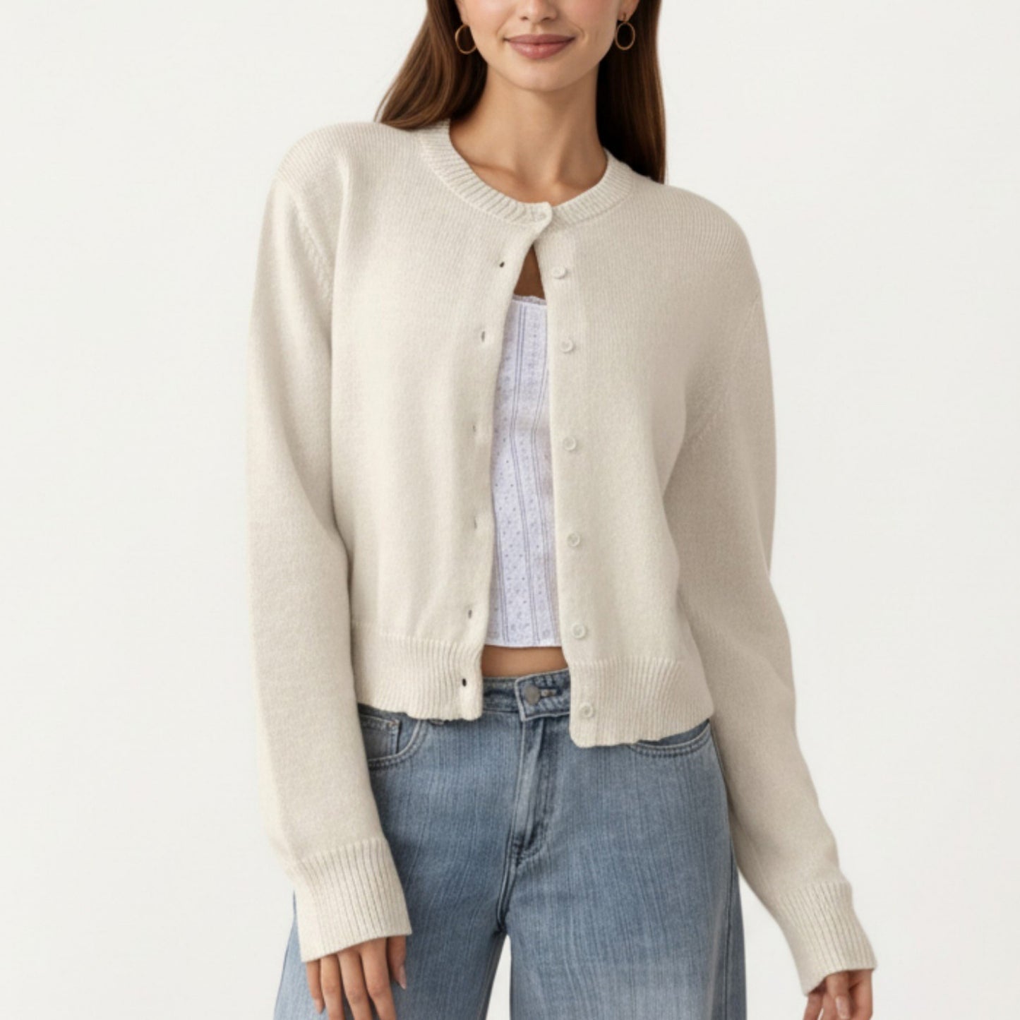 Soft Knit Button Front Cropped Cardigan with Ribbed Trim Details and Relaxed Long Sleeves