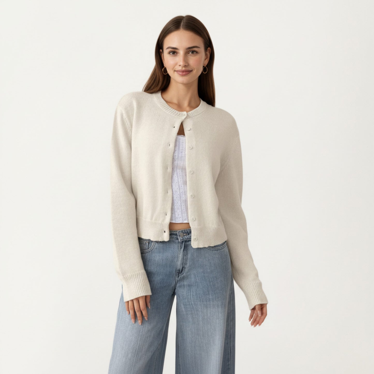 Soft Knit Button Front Cropped Cardigan with Ribbed Trim Details and Relaxed Long Sleeves