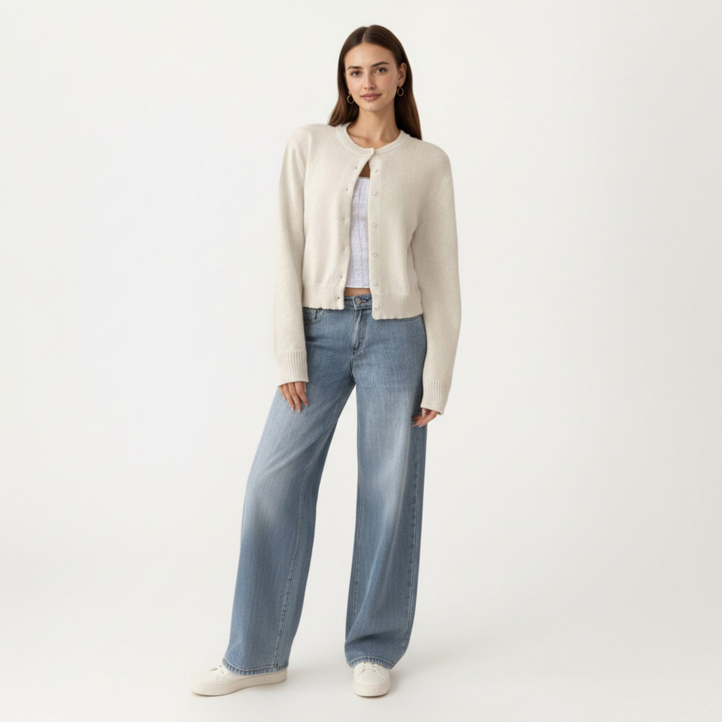 Soft Knit Button Front Cropped Cardigan with Ribbed Trim Details and Relaxed Long Sleeves