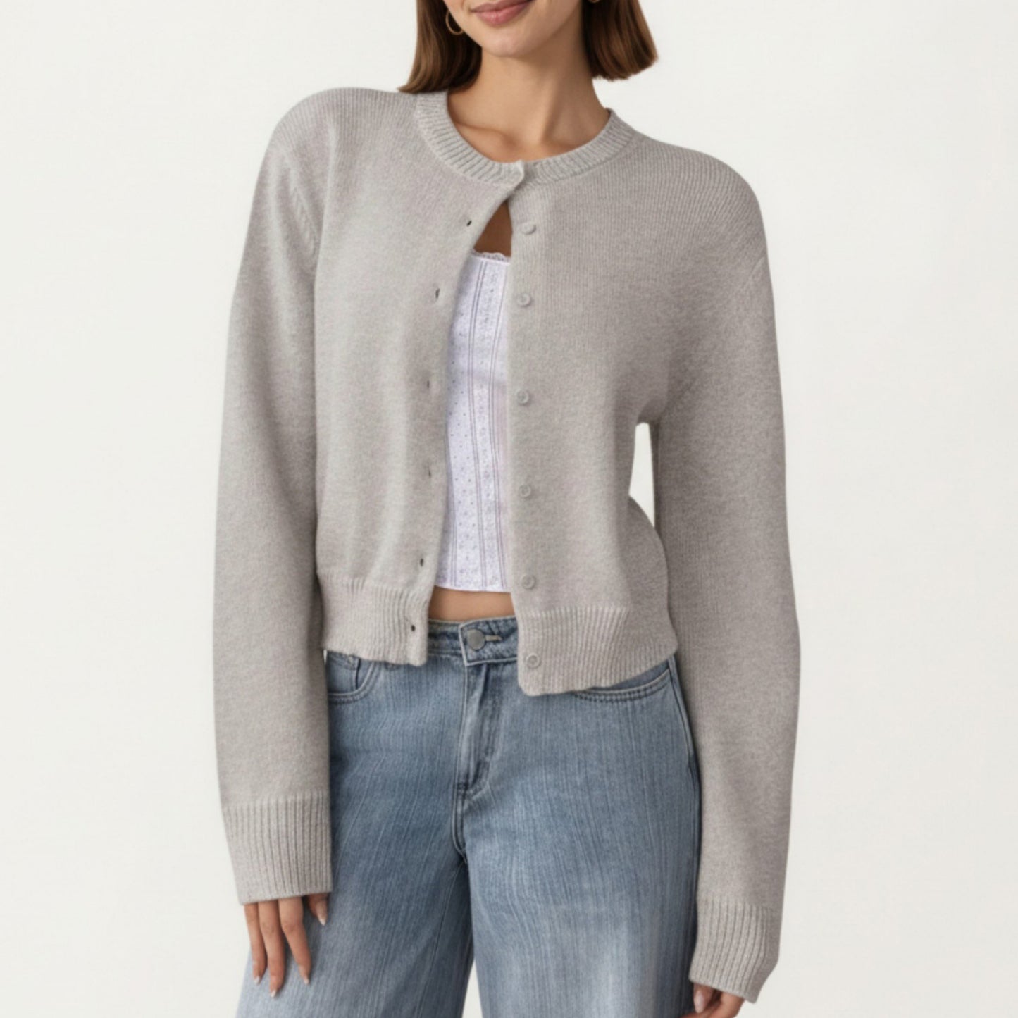 Soft Knit Button Front Cropped Cardigan with Ribbed Trim Details and Relaxed Long Sleeves