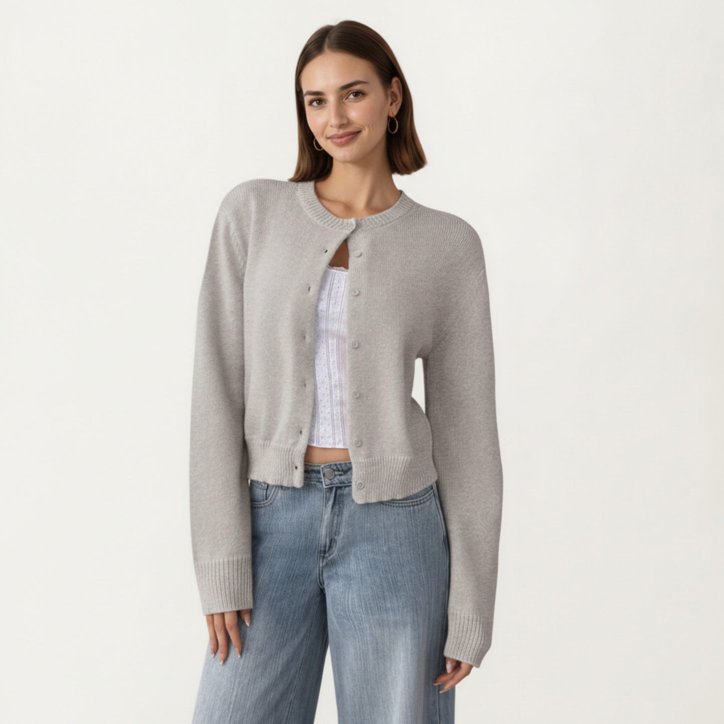 Soft Knit Button Front Cropped Cardigan with Ribbed Trim Details and Relaxed Long Sleeves