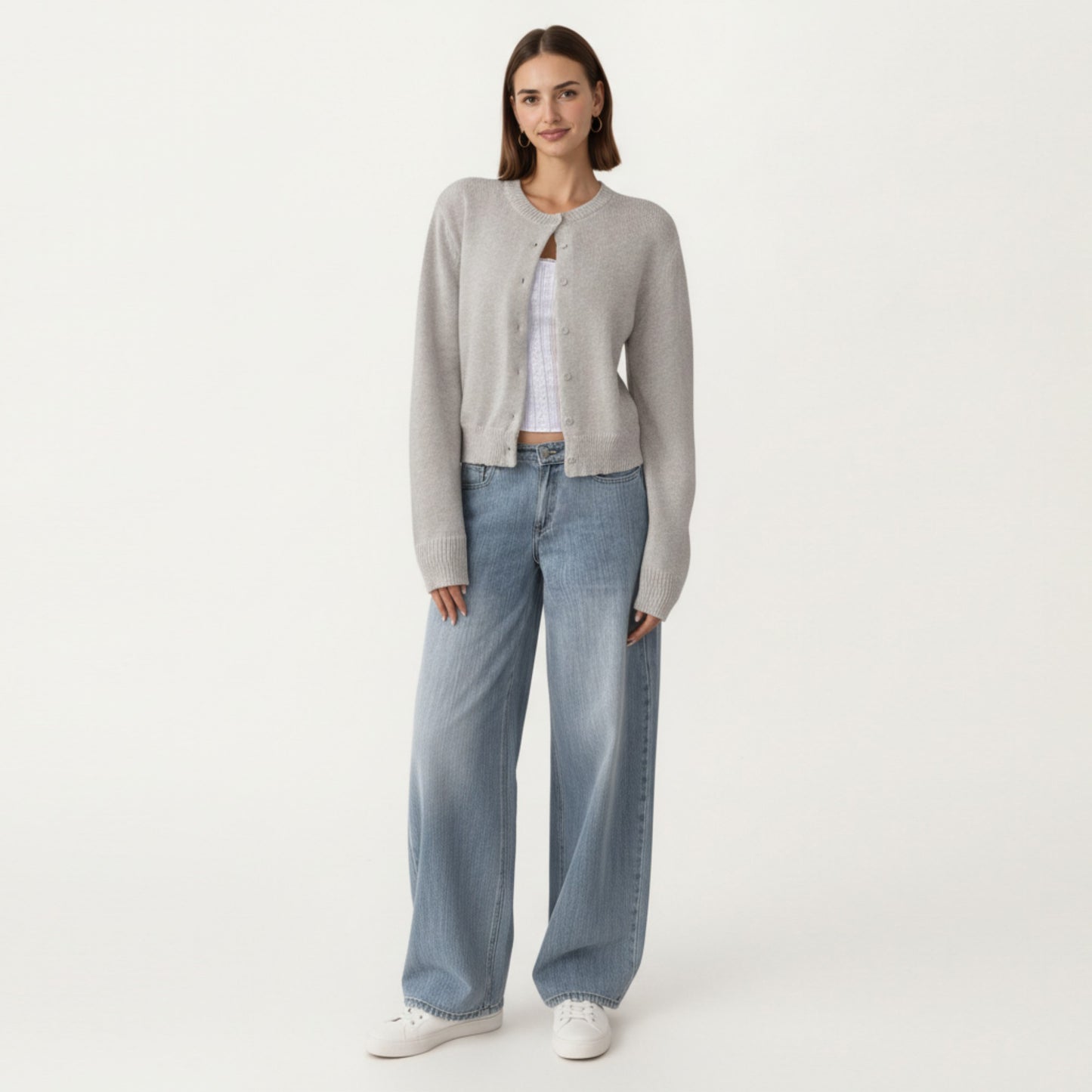 Soft Knit Button Front Cropped Cardigan with Ribbed Trim Details and Relaxed Long Sleeves