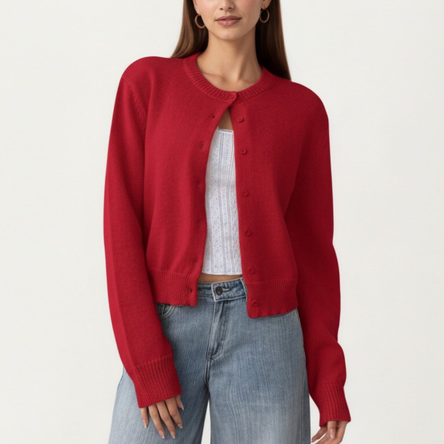 Soft Knit Button Front Cropped Cardigan with Ribbed Trim Details and Relaxed Long Sleeves