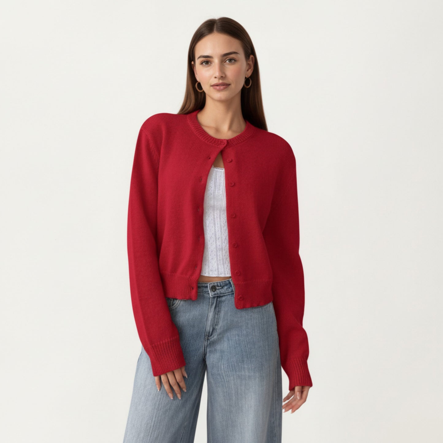 Soft Knit Button Front Cropped Cardigan with Ribbed Trim Details and Relaxed Long Sleeves