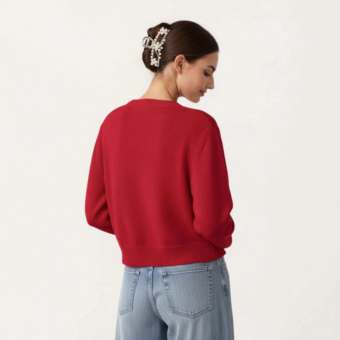 Soft Knit Button Front Cropped Cardigan with Ribbed Trim Details and Relaxed Long Sleeves