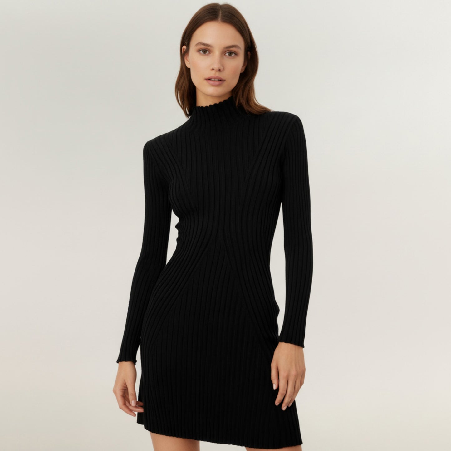 Long Sleeve Ribbed Knit Mini Dress with Contoured Textured Paneling and Stretch Fit for a Flattering Silhouette