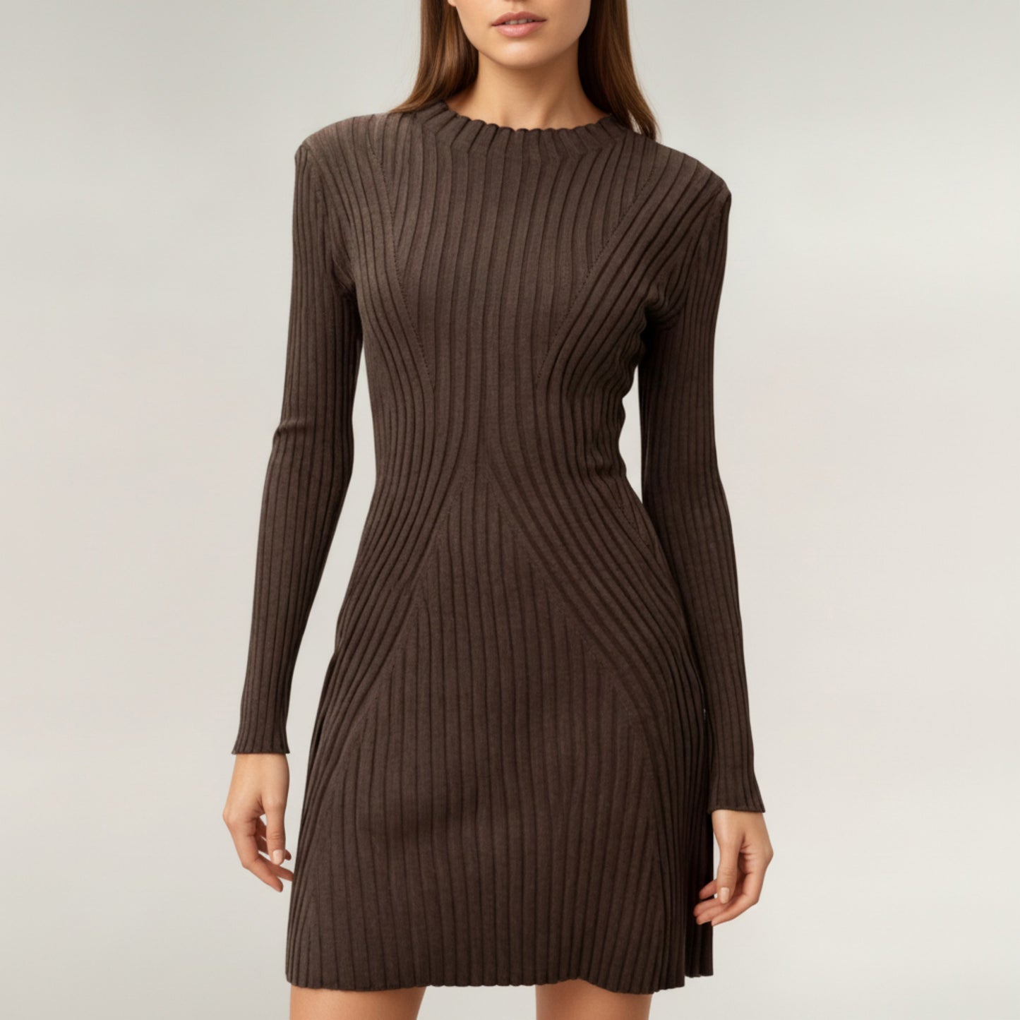 Long Sleeve Ribbed Knit Mini Dress with Contoured Textured Paneling and Stretch Fit for a Flattering Silhouette
