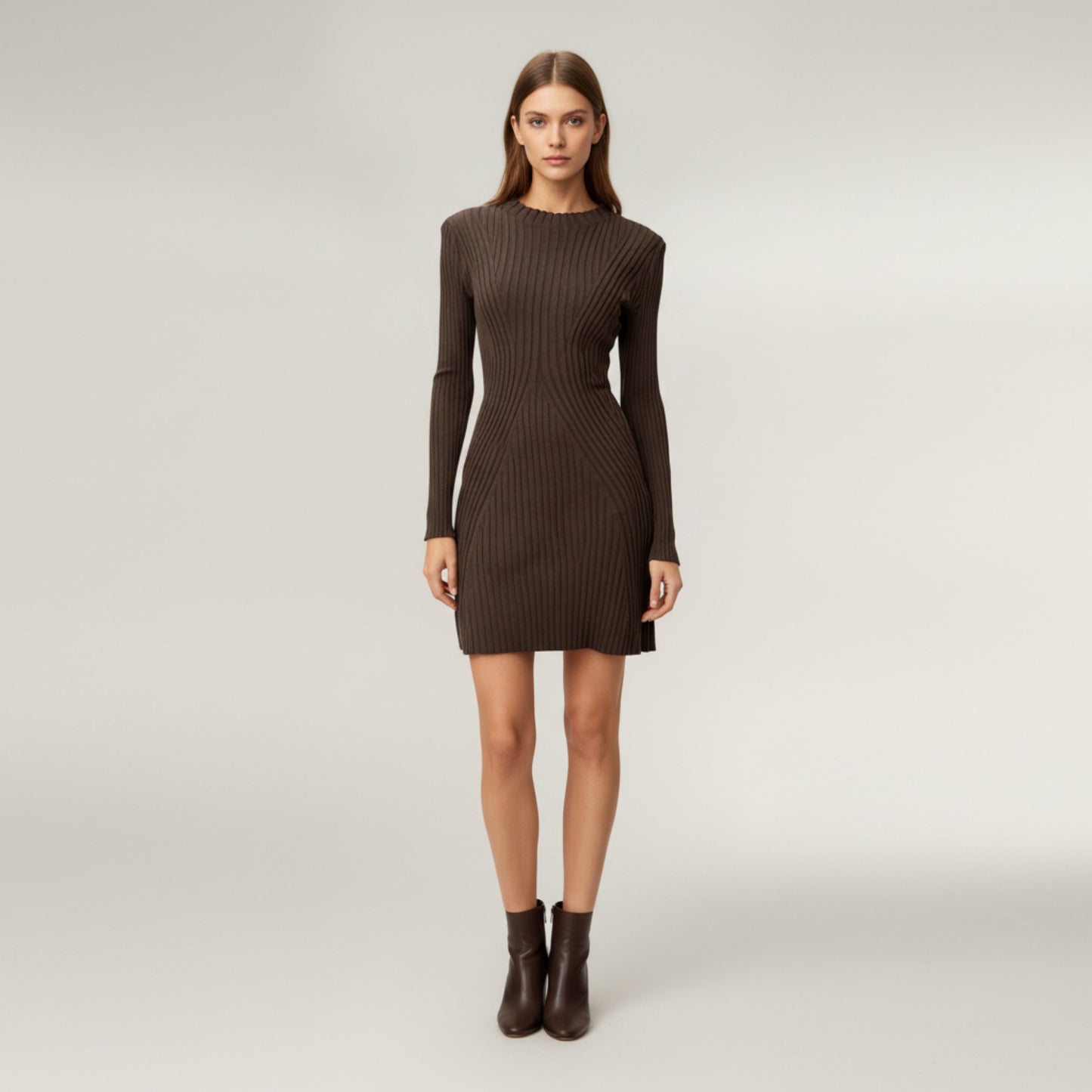 Long Sleeve Ribbed Knit Mini Dress with Contoured Textured Paneling and Stretch Fit for a Flattering Silhouette