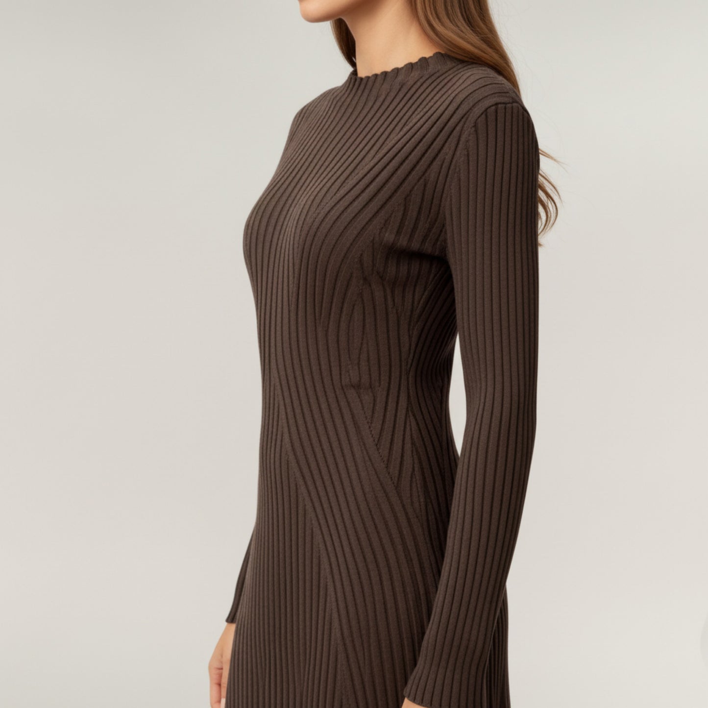 Long Sleeve Ribbed Knit Mini Dress with Contoured Textured Paneling and Stretch Fit for a Flattering Silhouette