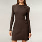 Long Sleeve Ribbed Knit Mini Dress with Contoured Textured Paneling and Stretch Fit for a Flattering Silhouette