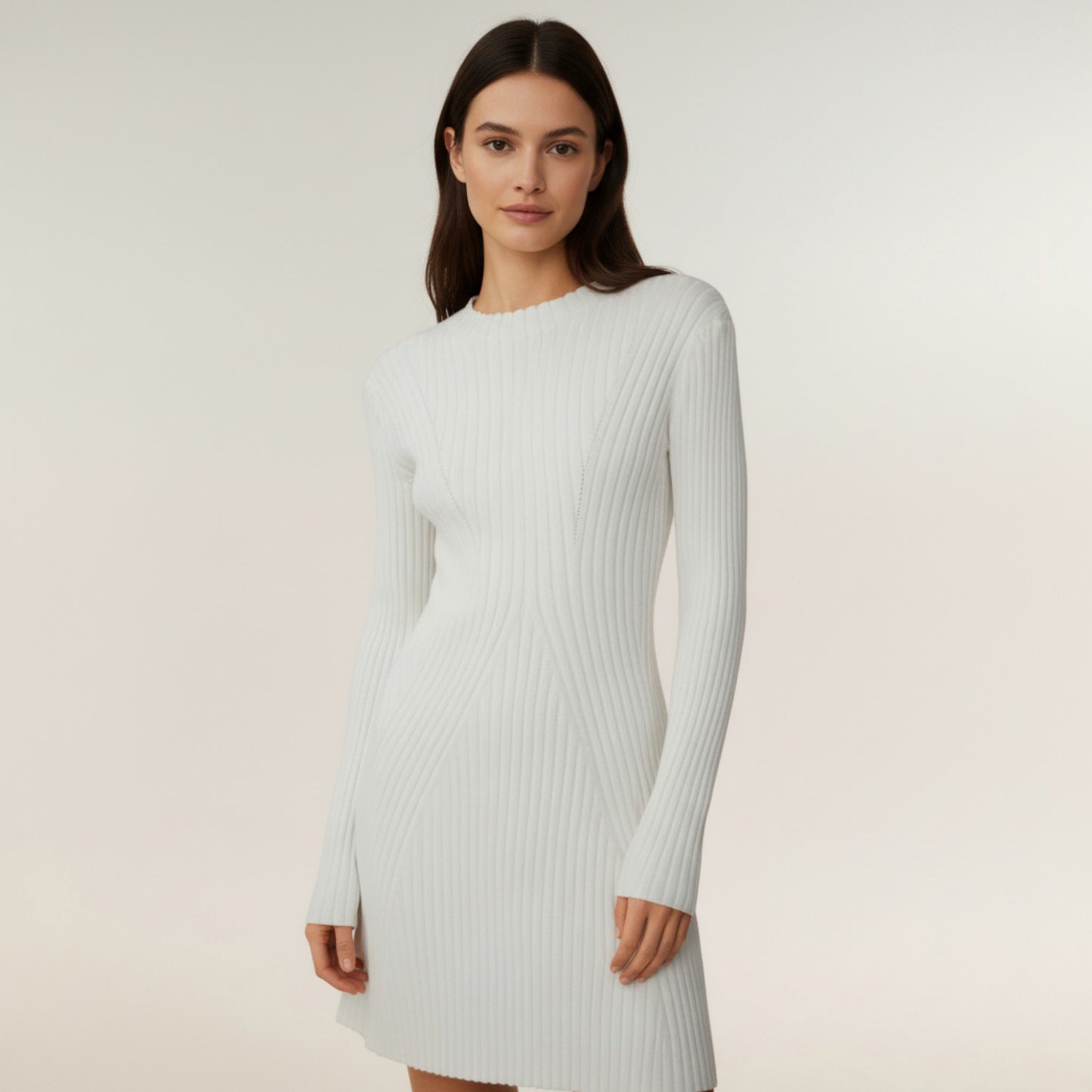 Long Sleeve Ribbed Knit Mini Dress with Contoured Textured Paneling and Stretch Fit for a Flattering Silhouette