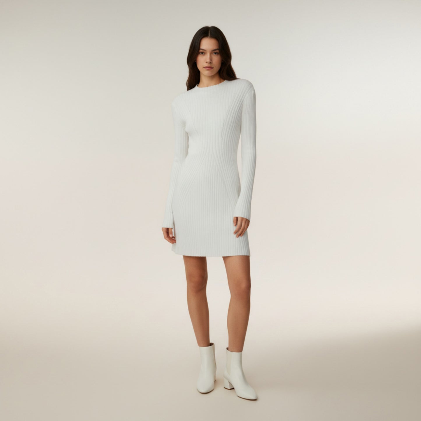 Long Sleeve Ribbed Knit Mini Dress with Contoured Textured Paneling and Stretch Fit for a Flattering Silhouette