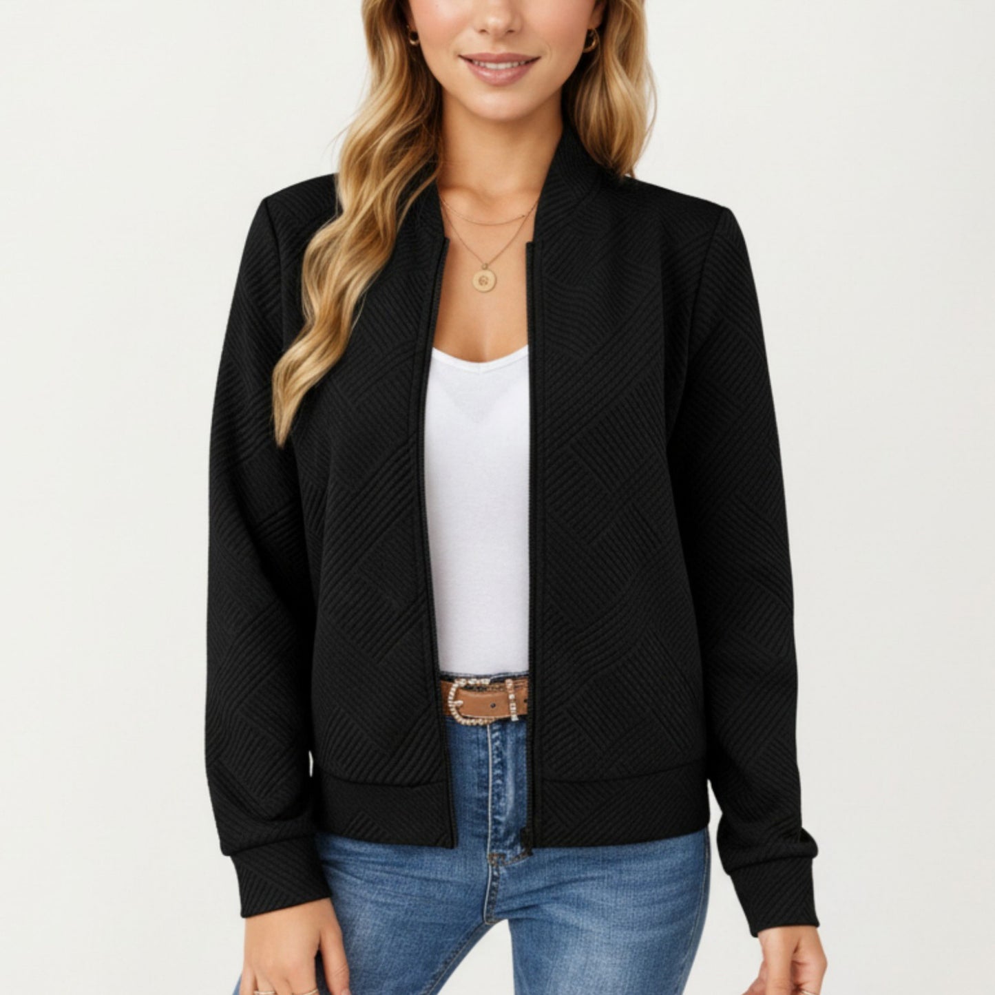 Textured Knit Zip Front Jacket with Soft Structured Shape and Ribbed Edges for Polished Everyday Layering