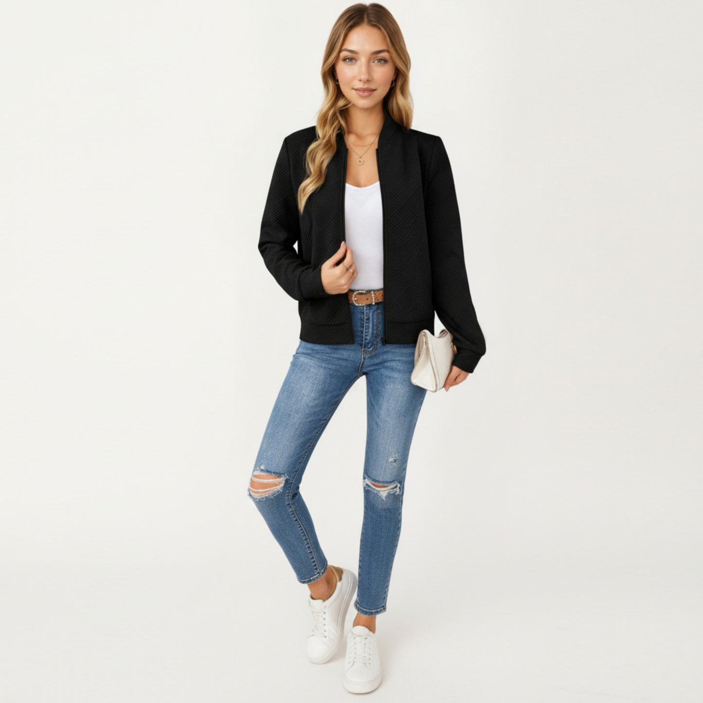 Textured Knit Zip Front Jacket with Soft Structured Shape and Ribbed Edges for Polished Everyday Layering