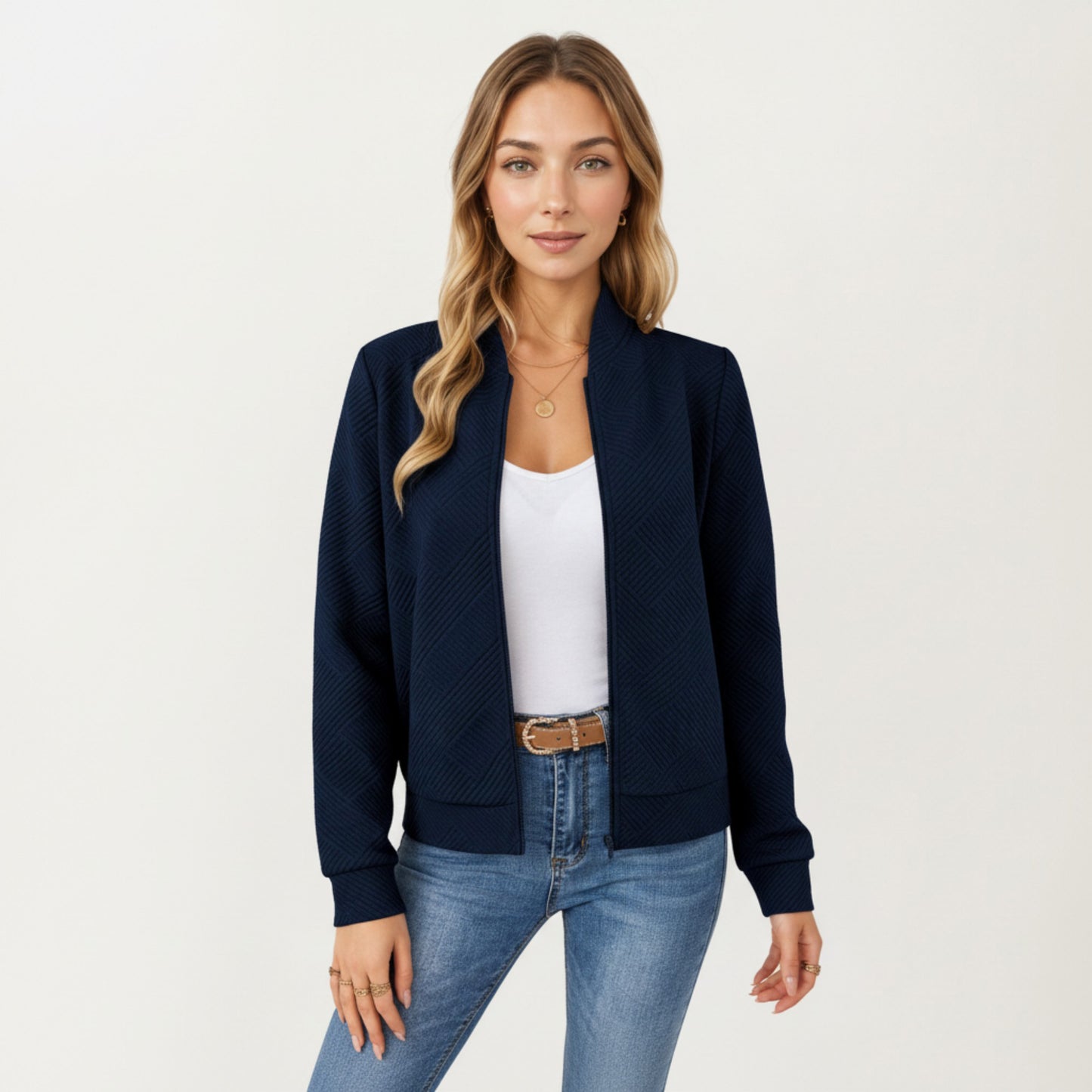 Textured Knit Zip Front Jacket with Soft Structured Shape and Ribbed Edges for Polished Everyday Layering