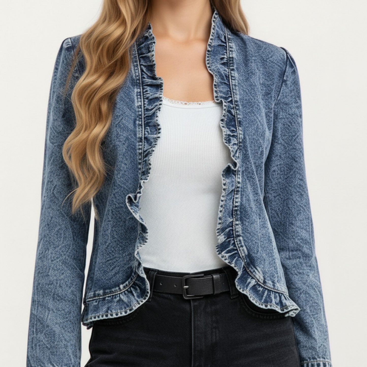 Denim Jacket with Soft Ruffle Trim Open Front Design and Textured Washed Finish for Stylish Layered Outfits